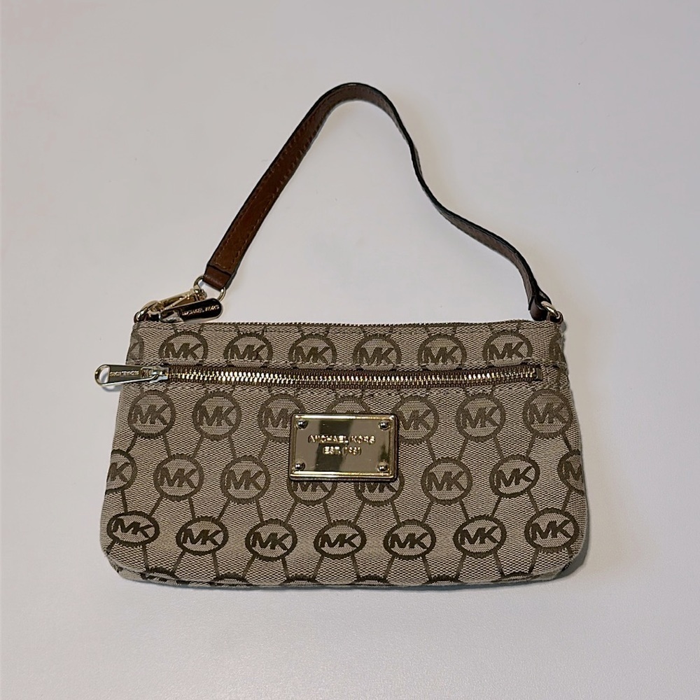 Michael Kors Brown Tan Logo Signature Wristlet